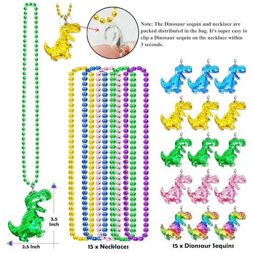 CiciBear 15 Pack Dinosaur Sequin Necklace Party Favors with Mardi Gras Beads for Dinosaur Themed Party Favors Home Decorations Festivals Wedding Birthday Celebrations 5 Colors - Image 5