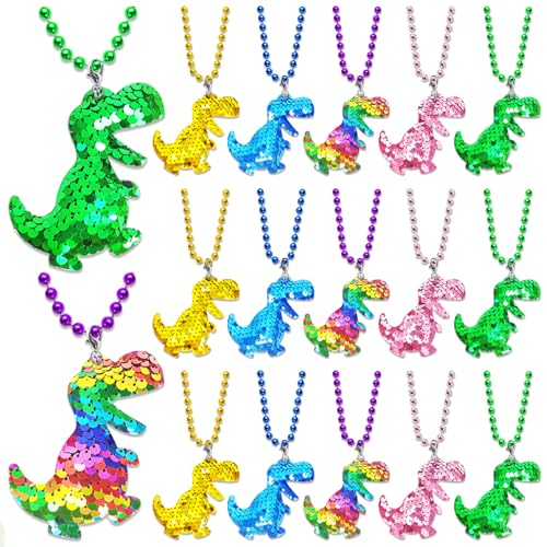 CiciBear 15 Pack Dinosaur Sequin Necklace Party Favors with Mardi Gras Beads for Dinosaur Themed Party Favors Home Decorations Festivals Wedding Birthday Celebrations 5 Colors - Image 1