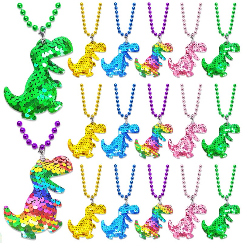 CiciBear 15 Pack Dinosaur Sequin Necklace Party Favors with Mardi Gras Beads for Dinosaur Themed Party Favors Home Decorations Festivals Wedding Birthday Celebrations 5 Colors - Image 3