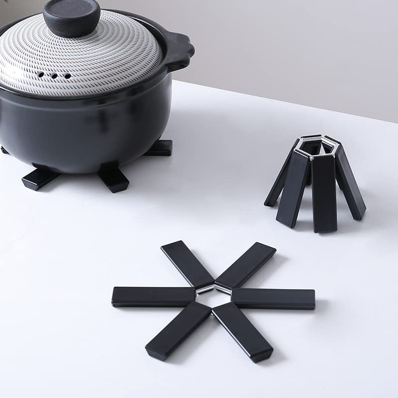 Wrixty Wrixty Folding Hot Pot Trivet Non Slip Silicone Heat Resistant Modern PVC Insulated Dining Table Flower Shaped Expandable Teapot Kitchen & Restaurant Pot Table Holder Ware (Black) (4)  - Image 2
