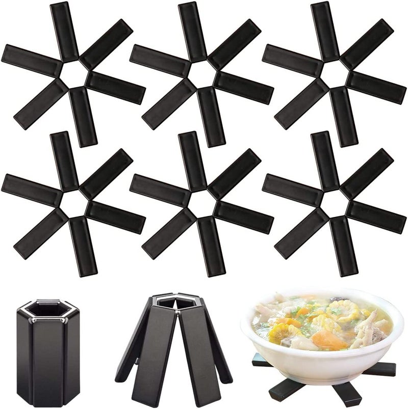 Wrixty Wrixty Folding Hot Pot Trivet Non Slip Silicone Heat Resistant Modern PVC Insulated Dining Table Flower Shaped Expandable Teapot Kitchen & Restaurant Pot Table Holder Ware (Black) (4)  - Image 1