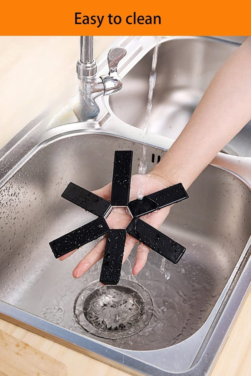 Wrixty Wrixty Folding Hot Pot Trivet Non Slip Silicone Heat Resistant Modern PVC Insulated Dining Table Flower Shaped Expandable Teapot Kitchen & Restaurant Pot Table Holder Ware (Black) (4)  - Image 3