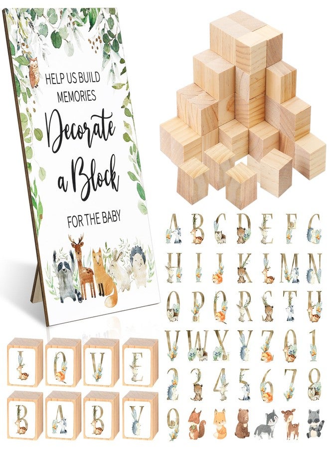 Lineshading 471 Pcs Woodland Animal Baby Shower Block Games Set Decorate a Block Game Sign 50 Blank Wooden DIY Cube 420 Woodland Animal Letter Sticker Prize for Baby Shower Party Game - Image 1