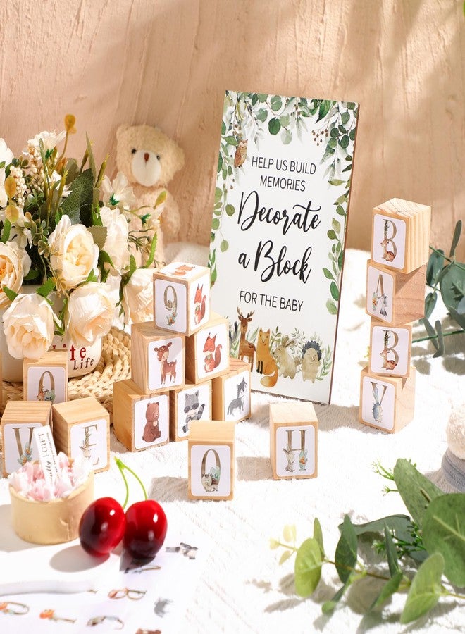 Lineshading 471 Pcs Woodland Animal Baby Shower Block Games Set Decorate a Block Game Sign 50 Blank Wooden DIY Cube 420 Woodland Animal Letter Sticker Prize for Baby Shower Party Game - Image 4