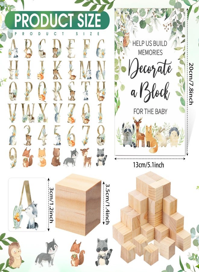Lineshading 471 Pcs Woodland Animal Baby Shower Block Games Set Decorate a Block Game Sign 50 Blank Wooden DIY Cube 420 Woodland Animal Letter Sticker Prize for Baby Shower Party Game - Image 2