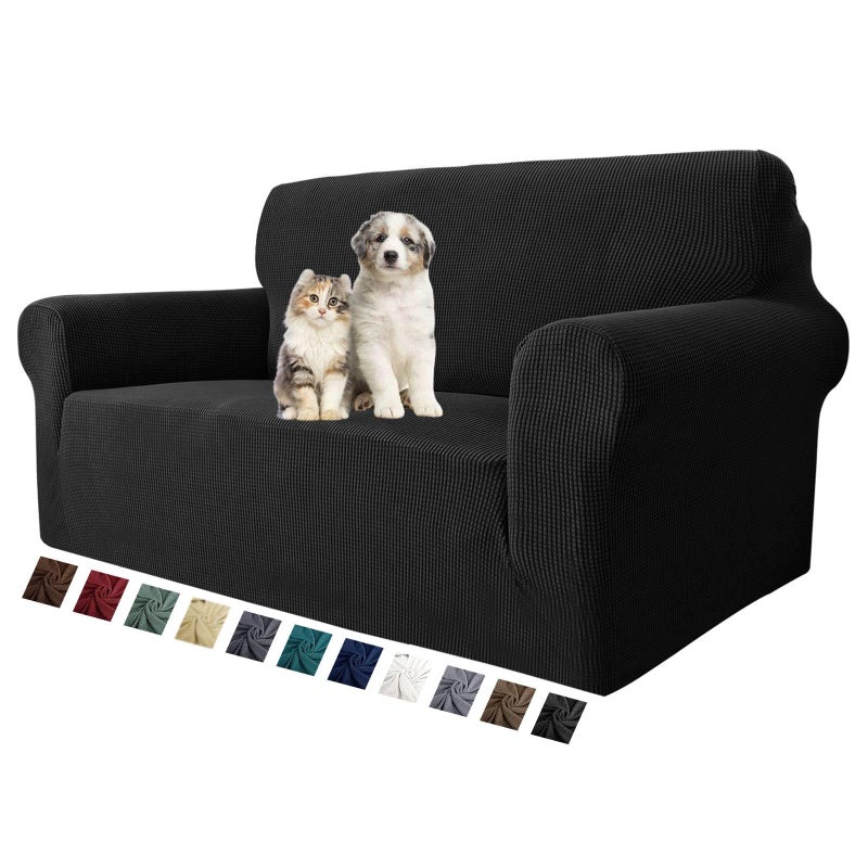 MAXIJIN Stretch Loveseat Sofa Slipcovers 1 Piece Love Seat Couch Covers for 2 Cushion Couch Non Slip Sofa Cover Washable Dog Cat Proof Furniture Protector Pet Friendly Loveseat Black