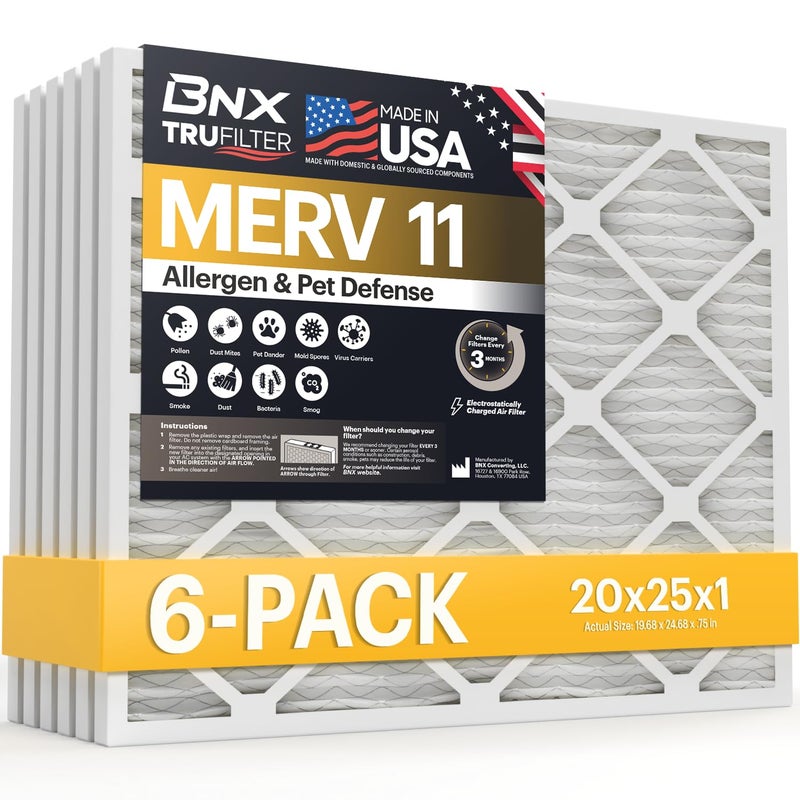 BNX TruFilter 20x25x1 Air Filter MERV 11 (6-Pack) - MADE IN USA - Allergen Defense Electrostatic Pleated Air Conditioner HVAC AC Furnace Filters for Allergies, Dust, Pet, Smoke, Allergy MPR 1200 FPR 7 - Image 1