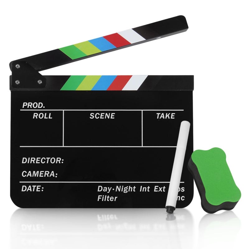 Flexzion Directors Film Clapper Board Film Slate Acrylic Plastic Dry Erase Movie Clapboard for Studio Camera Theater Props TV Video Film Cut Action Scene Slate Board 10x12 with Color Sticks
