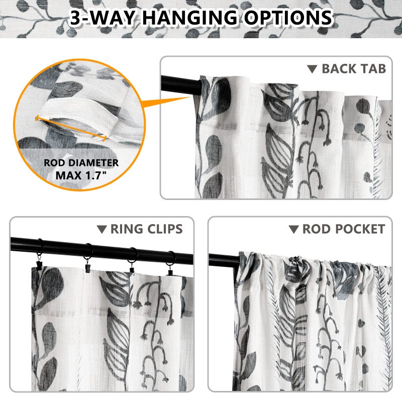 MEETSKY Boho Curtains for Living Room Light Filtering Privacy Protection Cotton Curtains 84 Inch Length 2 Panels Bohemian Linen Style Back Tab Window Leaf Print Classical Drapes for Dining Room - Image 3