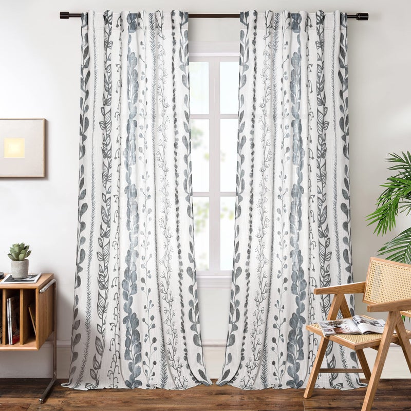 MEETSKY Boho Curtains for Living Room Light Filtering Privacy Protection Cotton Curtains 84 Inch Length 2 Panels Bohemian Linen Style Back Tab Window Leaf Print Classical Drapes for Dining Room - Image 2