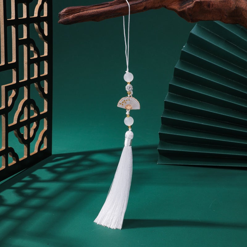 Generic Diamond Ball white fan tassel tassel Palace style cheongsam hanging tassel Han clothing accessories car hanging bag Press placket round beads hanging beard White