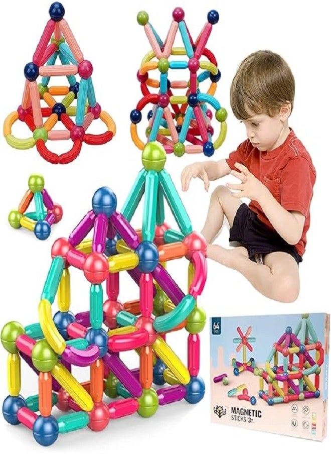 Magnetic 64 Pcs Magnetic Building Blocks, Montessori Magnet Toys for Toddlers, STEM Learning Toys for Boys and Girls, Creativity Kids Games, ABS Material, Non-Toxic, Ages 3+  - Image 1
