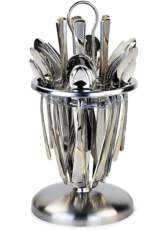 Cuisine Art 24 Piece Silverware Flatware Cutlery Set with Revolving Round Stand, Stainless Steel Includes 6 Knife, Fork, Spoon and Tea Spoon, Dinner Mirror Polished, Dishwasher Safe  - Image 1