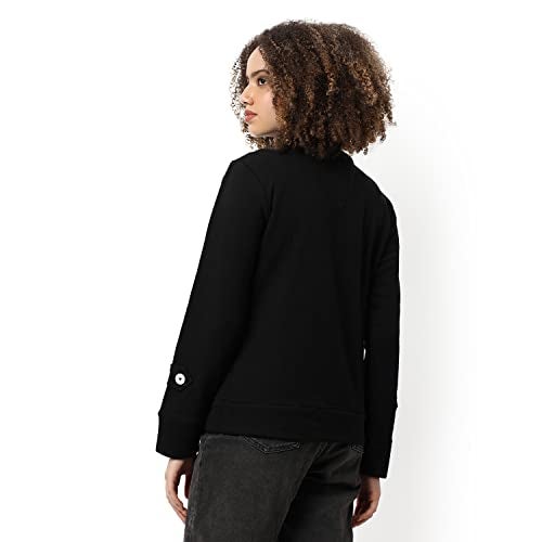 Campus Sutra Women Black Solid Regular Fit Cotton Jacket For Winter Wear | Standing Collar | Full Sleeve | Buttoned | Casual Jacket For Woman & Girl | Western Stylish Jacket For Women - Image 3