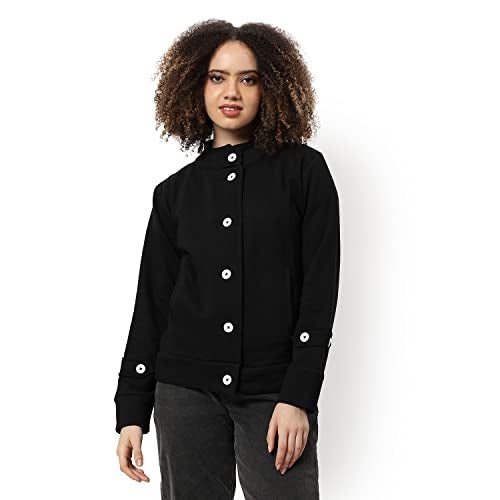 Campus Sutra Women Black Solid Regular Fit Cotton Jacket For Winter Wear | Standing Collar | Full Sleeve | Buttoned | Casual Jacket For Woman & Girl | Western Stylish Jacket For Women - Image 2