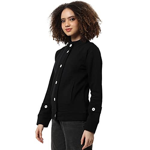 Campus Sutra Women Black Solid Regular Fit Cotton Jacket For Winter Wear | Standing Collar | Full Sleeve | Buttoned | Casual Jacket For Woman & Girl | Western Stylish Jacket For Women - Image 1