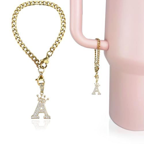 LUHOHI Letter Charm for Stanley Cup- Crown Letter Accessories for Stanley Handle 40 Oz Tumblers Gold Initial Keychain Water Bottle Cup with Diamond Glitter Jewelry Personalized Decorations A - Image 1