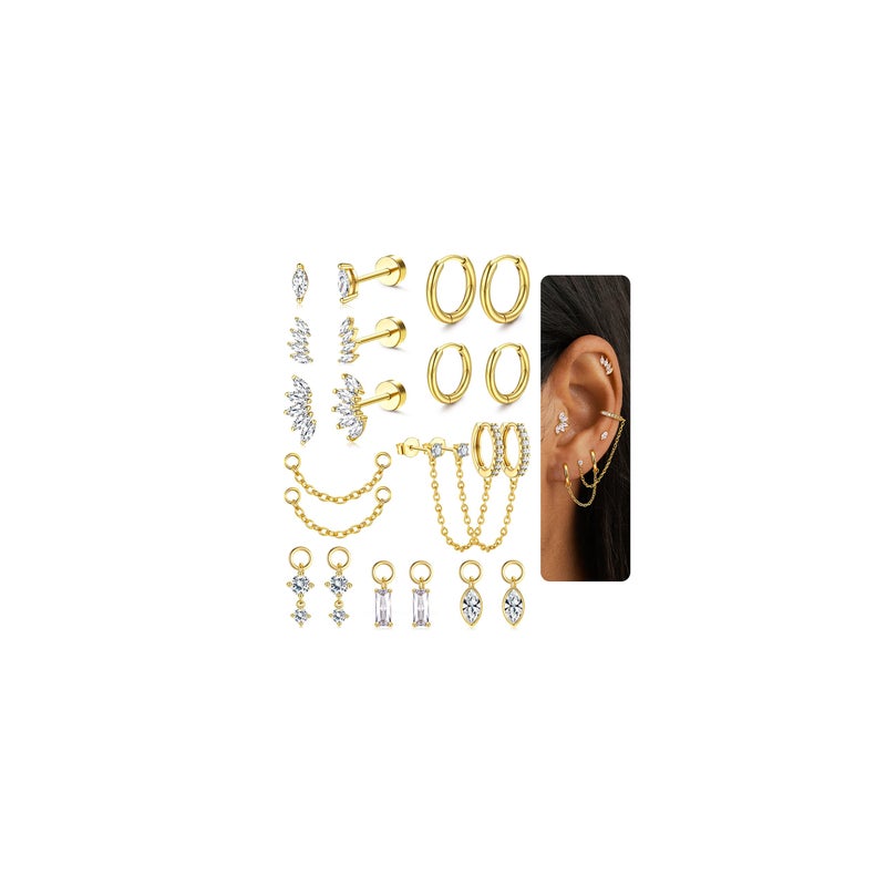 Fansilver Gold Earring Stacks for Women - Hypoallergenic Flat Back Stud & Hoop Earrings Set - Surgical Steel Cartilage Chain Earrings with CZ Charms - Dainty Tragus Huggie Earring Sets for Multiple Piercing G2 - Image 1