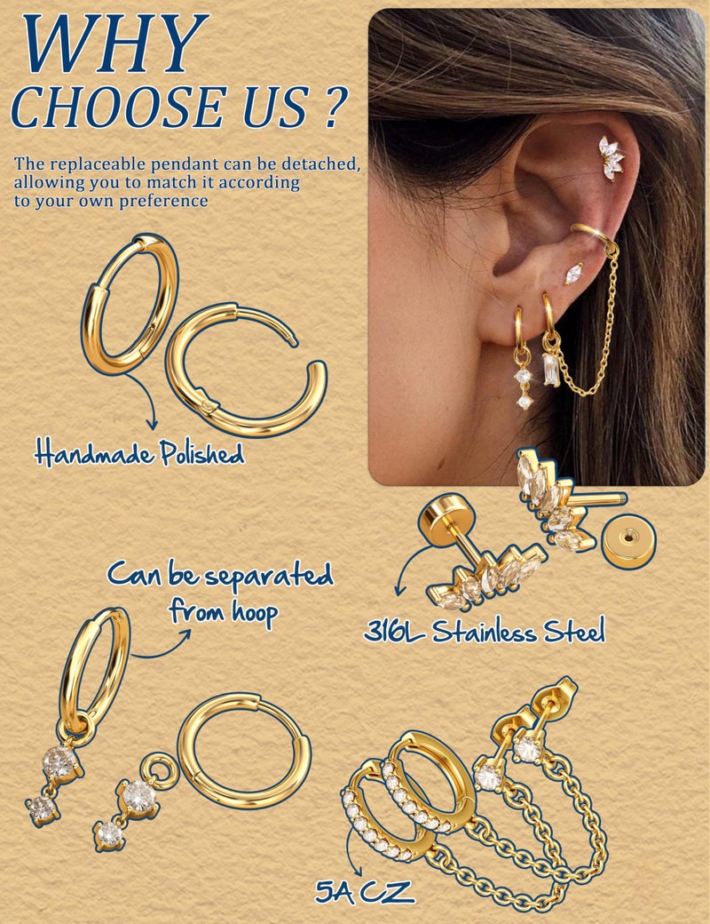 Fansilver Gold Earring Stacks for Women - Hypoallergenic Flat Back Stud & Hoop Earrings Set - Surgical Steel Cartilage Chain Earrings with CZ Charms - Dainty Tragus Huggie Earring Sets for Multiple Piercing G2 - Image 3