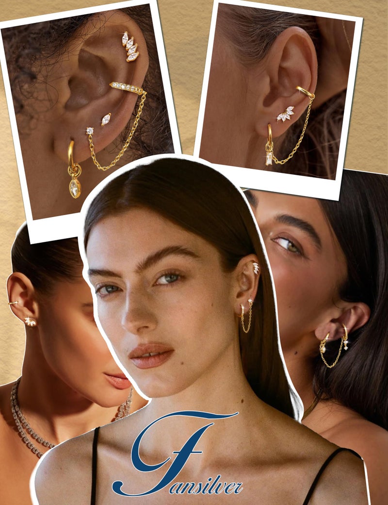 Fansilver Gold Earring Stacks for Women - Hypoallergenic Flat Back Stud & Hoop Earrings Set - Surgical Steel Cartilage Chain Earrings with CZ Charms - Dainty Tragus Huggie Earring Sets for Multiple Piercing G2 - Image 4