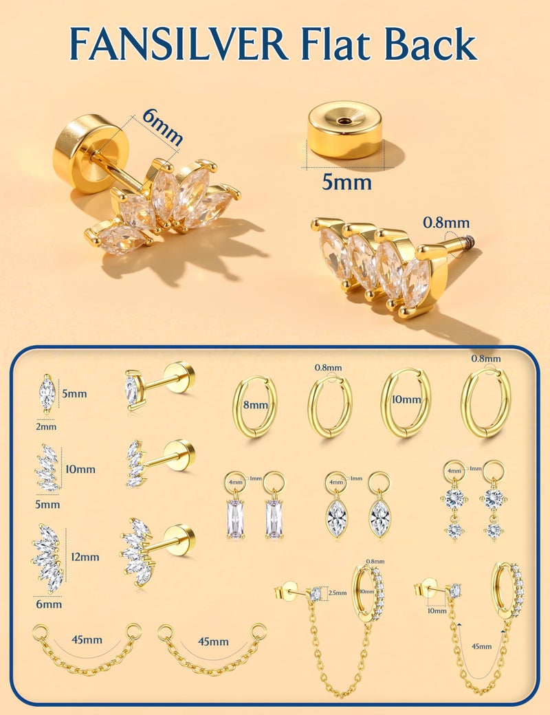 Fansilver Gold Earring Stacks for Women - Hypoallergenic Flat Back Stud & Hoop Earrings Set - Surgical Steel Cartilage Chain Earrings with CZ Charms - Dainty Tragus Huggie Earring Sets for Multiple Piercing G2 - Image 2