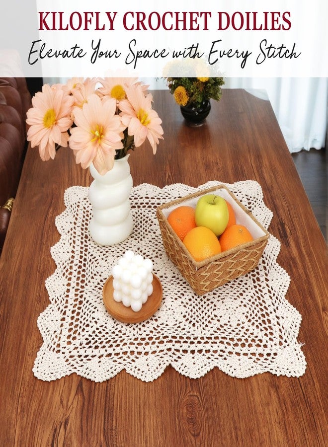 kilofly Handmade Crochet Cotton Lace Table Placemats Sofa Doilies, 2pc, Square, Beige,19.6 inch - Image 5