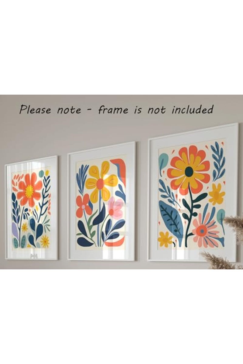 Eviepops Prints ALAYRA Retro Groovy Flowers Wall Art Set of 3 Unframed Poster Prints, Modern Abstract Floral Design, Lounge Bedroom Kitchen Posters Home Decor, Flower Market Vibrant 60s 70s, Blue Coral Yellow (A4) - Image 3