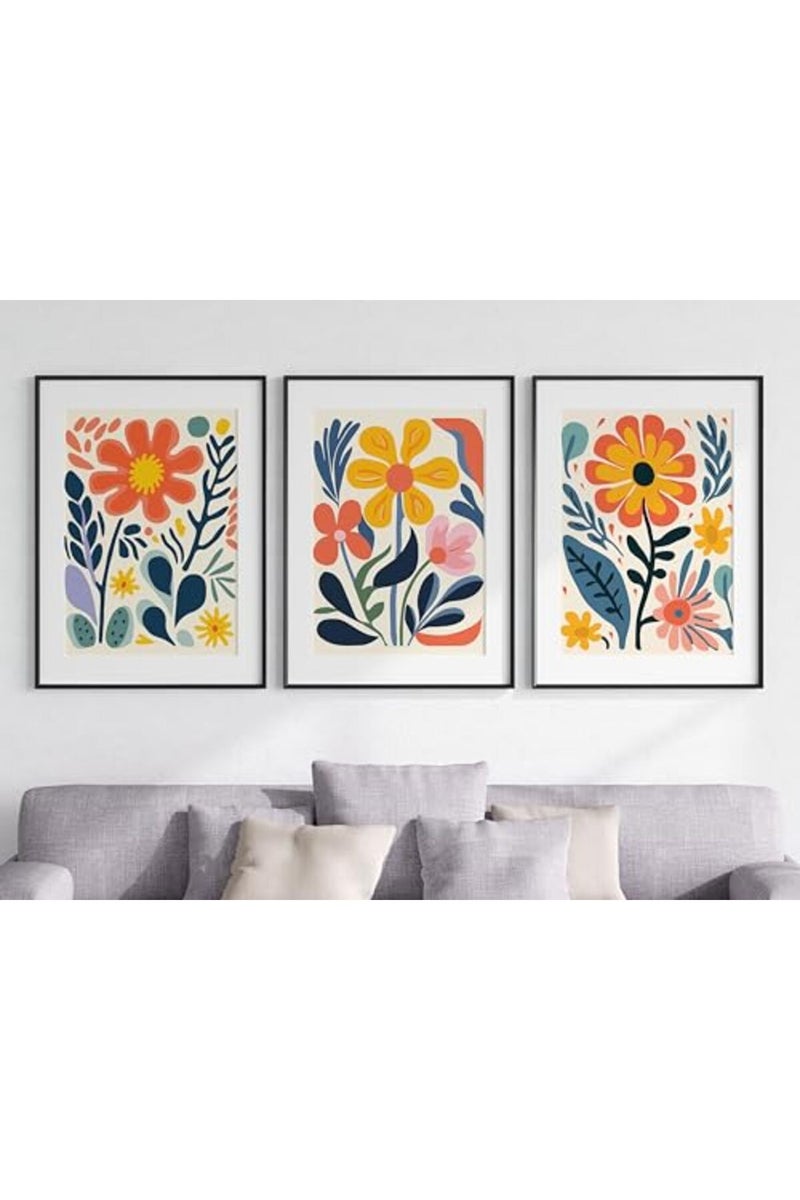 Eviepops Prints ALAYRA Retro Groovy Flowers Wall Art Set of 3 Unframed Poster Prints, Modern Abstract Floral Design, Lounge Bedroom Kitchen Posters Home Decor, Flower Market Vibrant 60s 70s, Blue Coral Yellow (A4) - Image 4