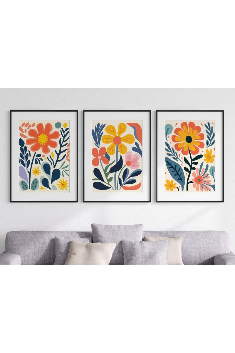 Eviepops Prints ALAYRA Retro Groovy Flowers Wall Art Set of 3 Unframed Poster Prints, Modern Abstract Floral Design, Lounge Bedroom Kitchen Posters Home Decor, Flower Market Vibrant 60s 70s, Blue Coral Yellow (A4) - Image 1