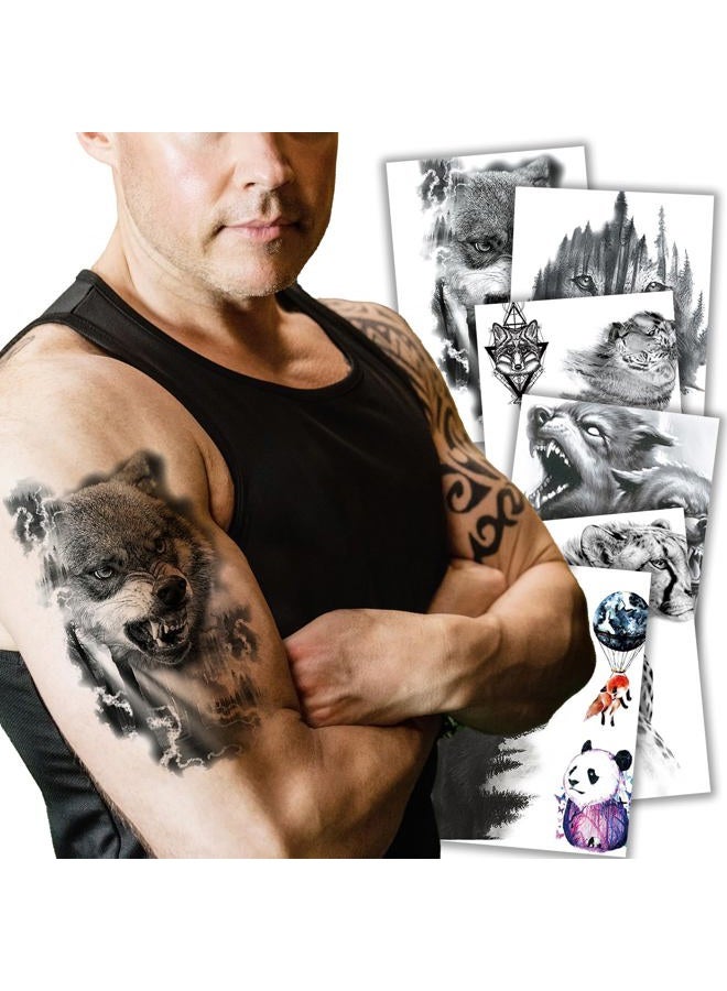 Kotbs 6 Sheets Large Temporary Tattoo Black Strong Wolf Tiger Tattoo Sticker for Men Women Guys Waterproof Body Art Makeup Fake Tattoos - Image 1
