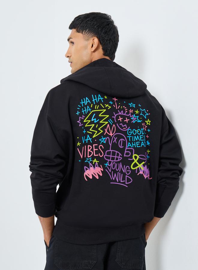 Styli Men Black Oversized Graphic Print Hoodie - Image 1