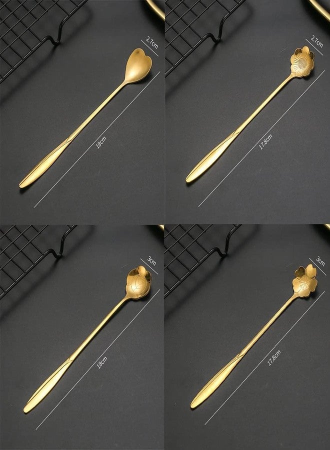 GNEY Luxury Gold Dessert Spoon Set of 4 – Premium Stainless Steel Coffee & Tea Spoons with Floral & Heart Design, Long Handle Stirring Spoon for Cake, Ice Cream, Drinks – Elegant Gift Cutlery Set - Image 2