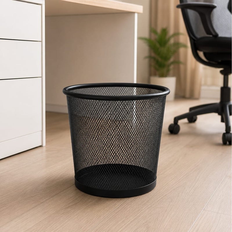 Black Metal Mesh Waste Basket – Modern Office Trash Bin – Durable Mesh Wastebasket for Home & Workspace