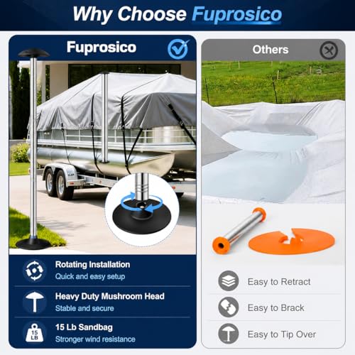Fuprosico Pontoon Cover Support Poles with Ring Sandbag Much More Stable,Adjustable Boat Cover Support System Won't Retract for Pontoon,Jon,Bass,V-Hull Boat with Heavy Duty Straps,Stainless Steel - Image 3