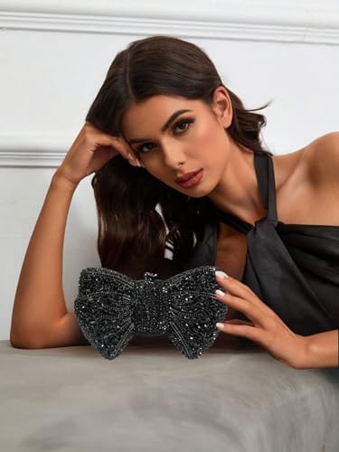 Tngan Women Luxury Bowknot Shaped Evening Clutch Sparkling Rhinestones Handbag for Banquet Wedding Party, A-black - Image 2