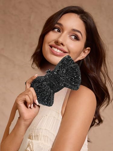 Tngan Women Luxury Bowknot Shaped Evening Clutch Sparkling Rhinestones Handbag for Banquet Wedding Party, A-black - Image 3