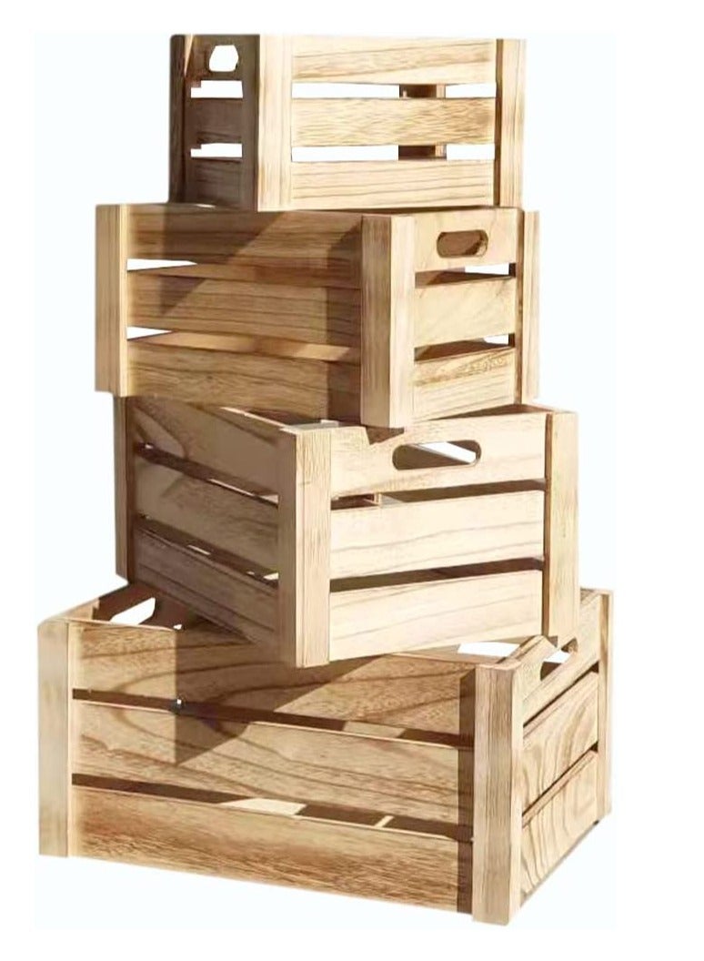 FFD Set of 4 Wooden Storage Crates with Cutout Handles – Rustic Nesting Boxes for Stylish Storage and Organization - Image 1