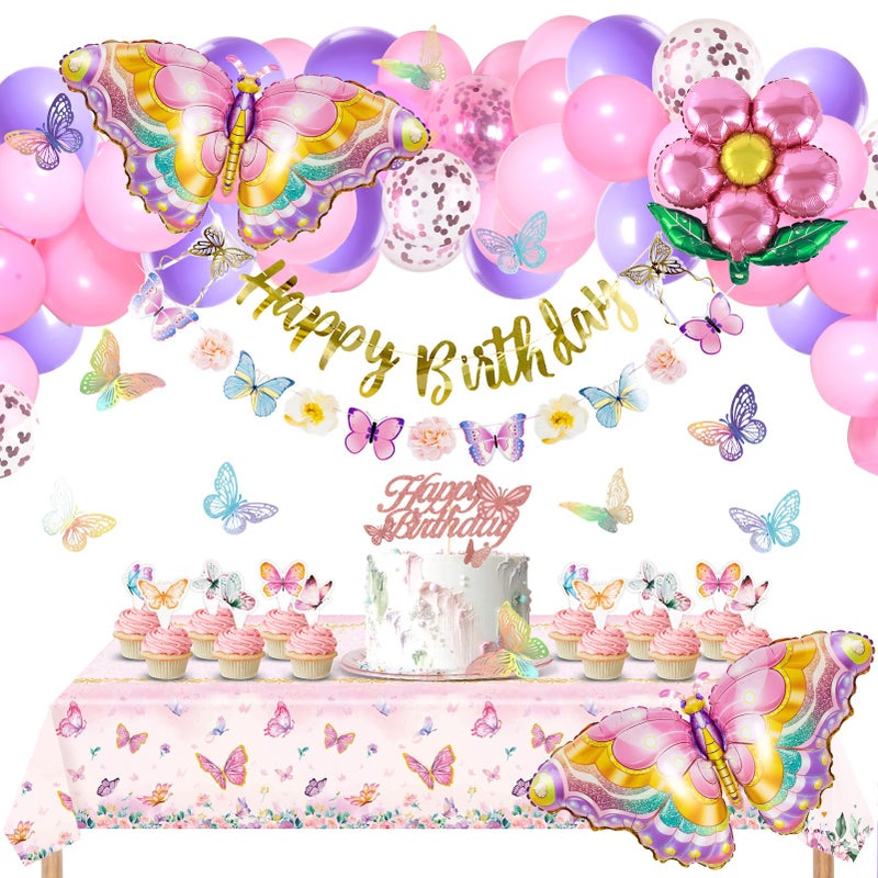Homarkable Butterfly Birthday Decoration Pink Butterfly Party Decors with Butterfly Balloons Happy Birthday Banner 3D Stickers Tablecloth Party Decor for Girls