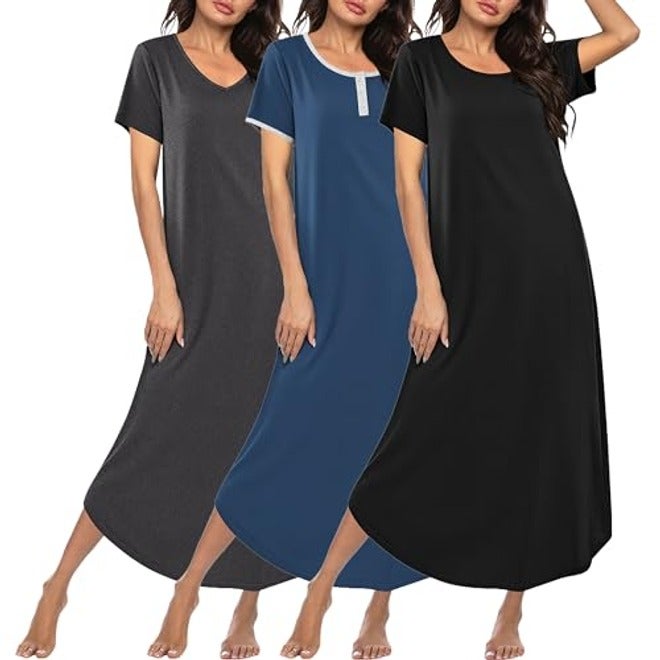 Ekouaer Women's 3-Pack Long Nightgowns Plus Size Soft Moo Moo Sleepwear Short Sleeve House Dress