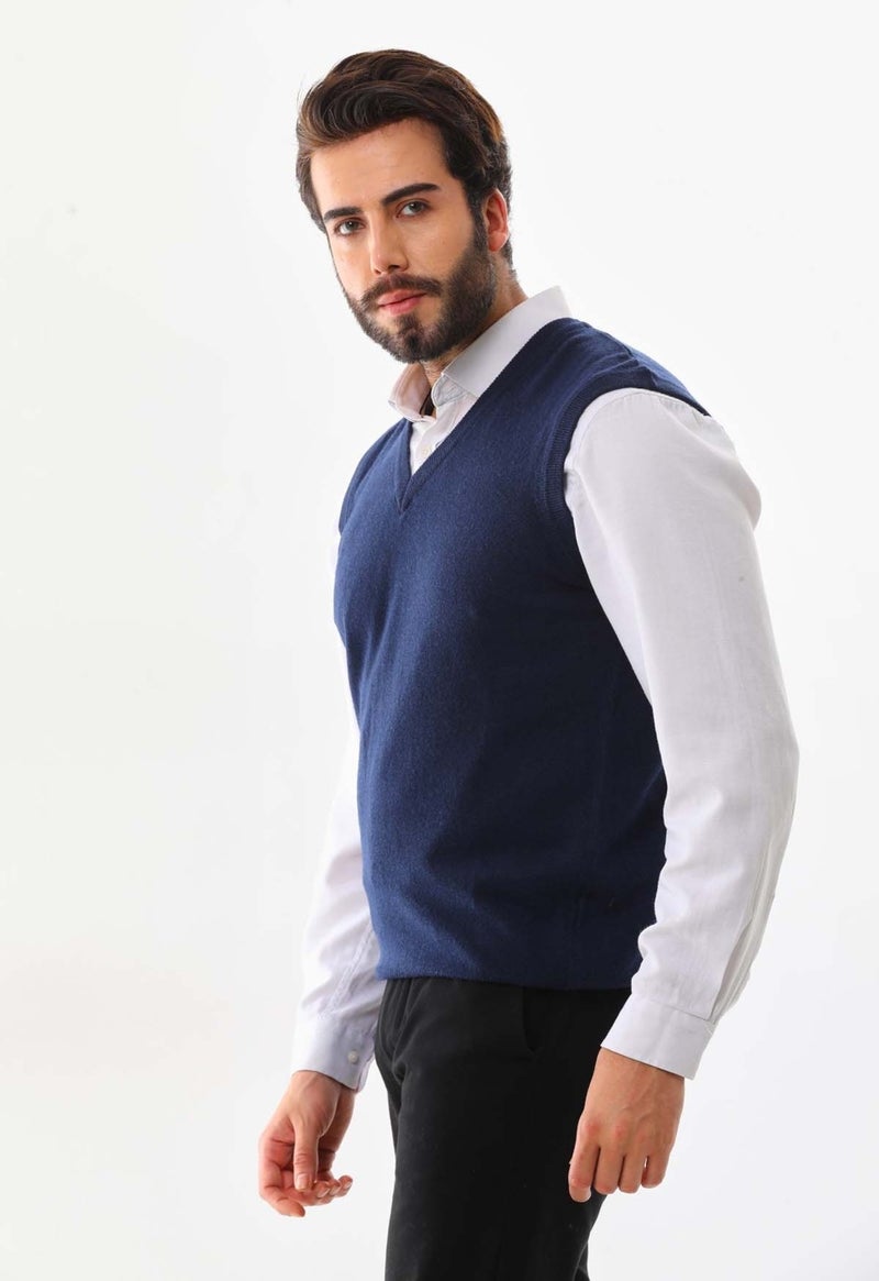 Günay Men's V Neck Wool Sweater 0108 Navy Blue  - Image 3