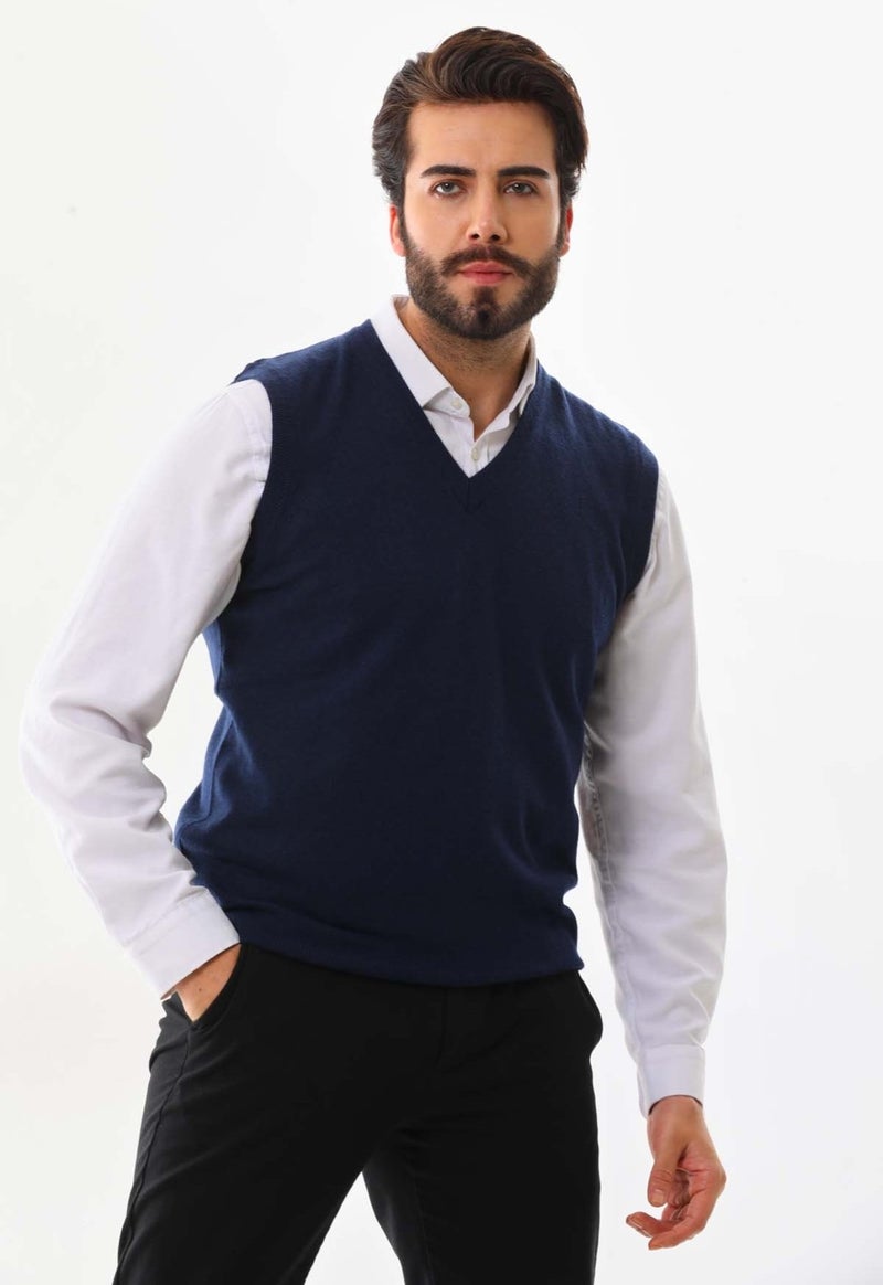 Günay Men's V Neck Wool Sweater 0108 Navy Blue  - Image 1