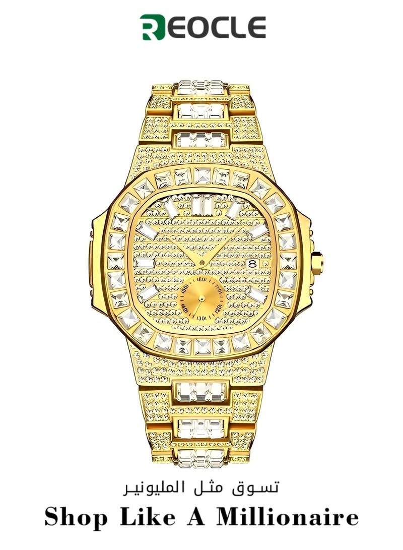 ريوكل ساعة كوارتز ألماسية للرجال مع حركة كوارتز وحزام من الفولاذ المقاوم للصدأ ومطلي بالذهب IPG وساعة يد فاخرة من الألماس المختبري ومقاومة للماء حتى 30 مترًا - Image 1