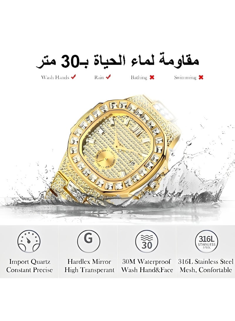 ريوكل ساعة كوارتز ألماسية للرجال مع حركة كوارتز وحزام من الفولاذ المقاوم للصدأ ومطلي بالذهب IPG وساعة يد فاخرة من الألماس المختبري ومقاومة للماء حتى 30 مترًا - Image 2