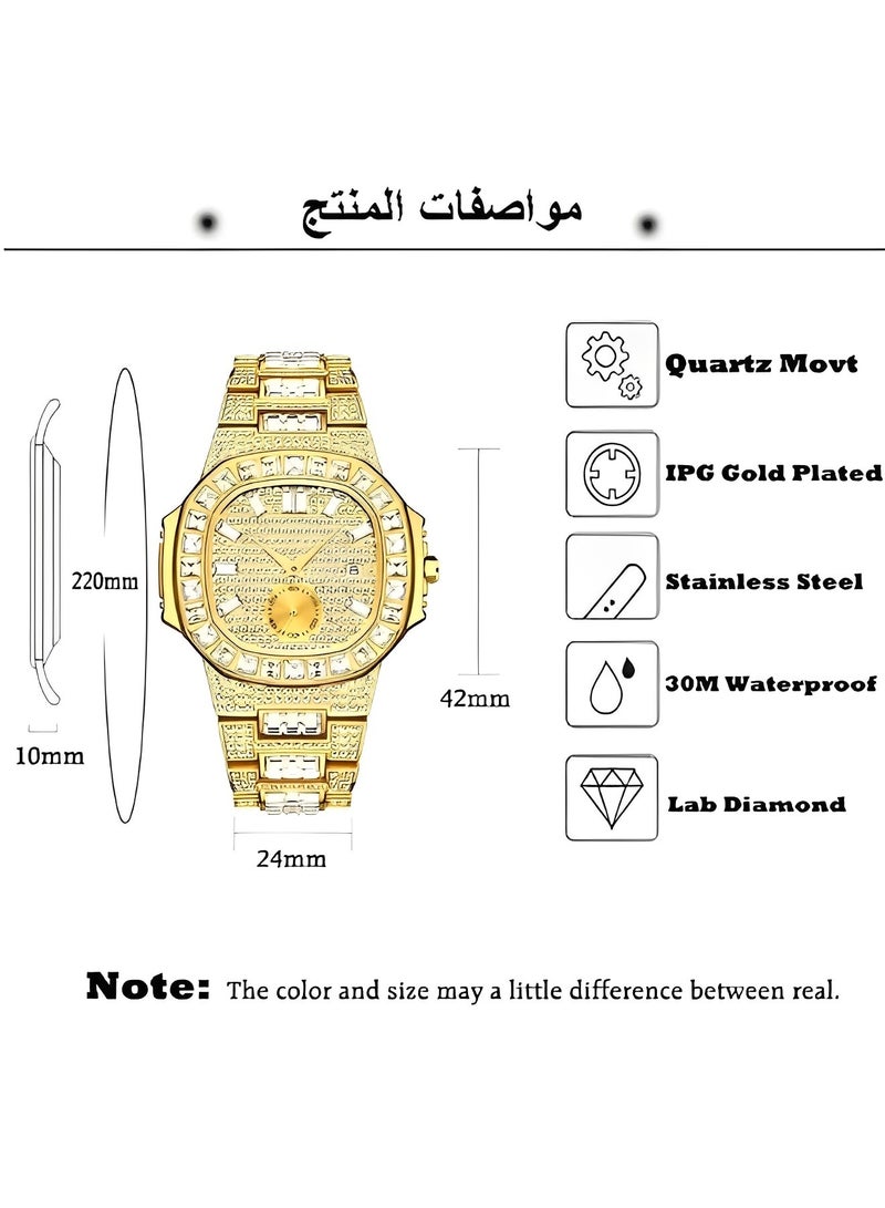 ريوكل ساعة كوارتز ألماسية للرجال مع حركة كوارتز وحزام من الفولاذ المقاوم للصدأ ومطلي بالذهب IPG وساعة يد فاخرة من الألماس المختبري ومقاومة للماء حتى 30 مترًا - Image 5