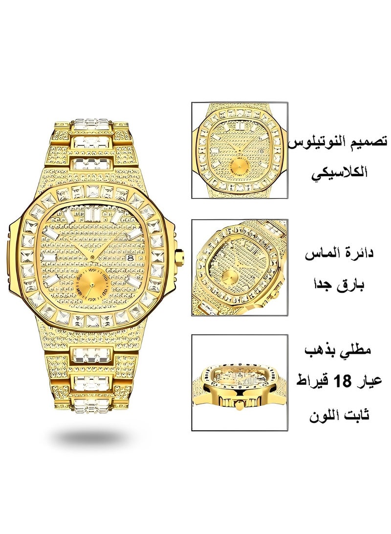 ريوكل ساعة كوارتز ألماسية للرجال مع حركة كوارتز وحزام من الفولاذ المقاوم للصدأ ومطلي بالذهب IPG وساعة يد فاخرة من الألماس المختبري ومقاومة للماء حتى 30 مترًا - Image 4