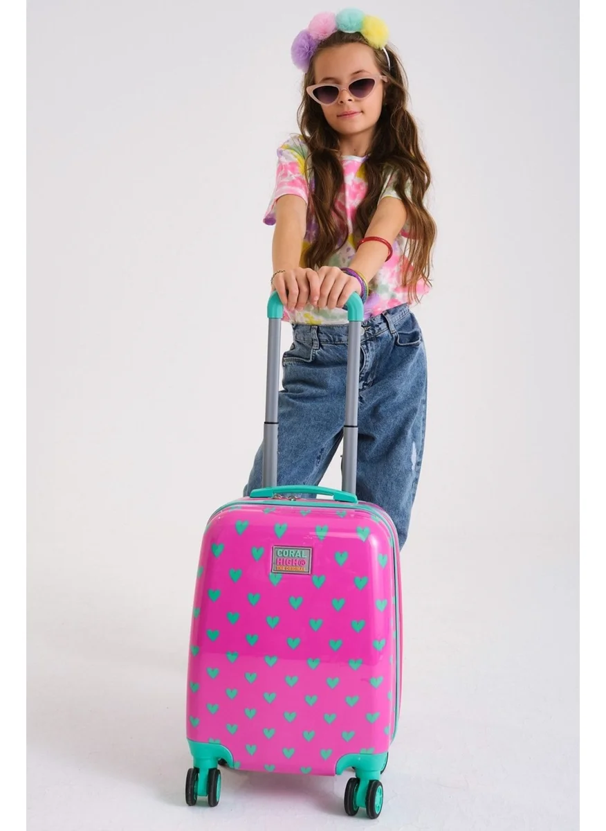 CORAL HIGH Patterned Kids Neon Pink Water Green Heart Patterned Children's Suitcase 16715 Black Patterned No Original
