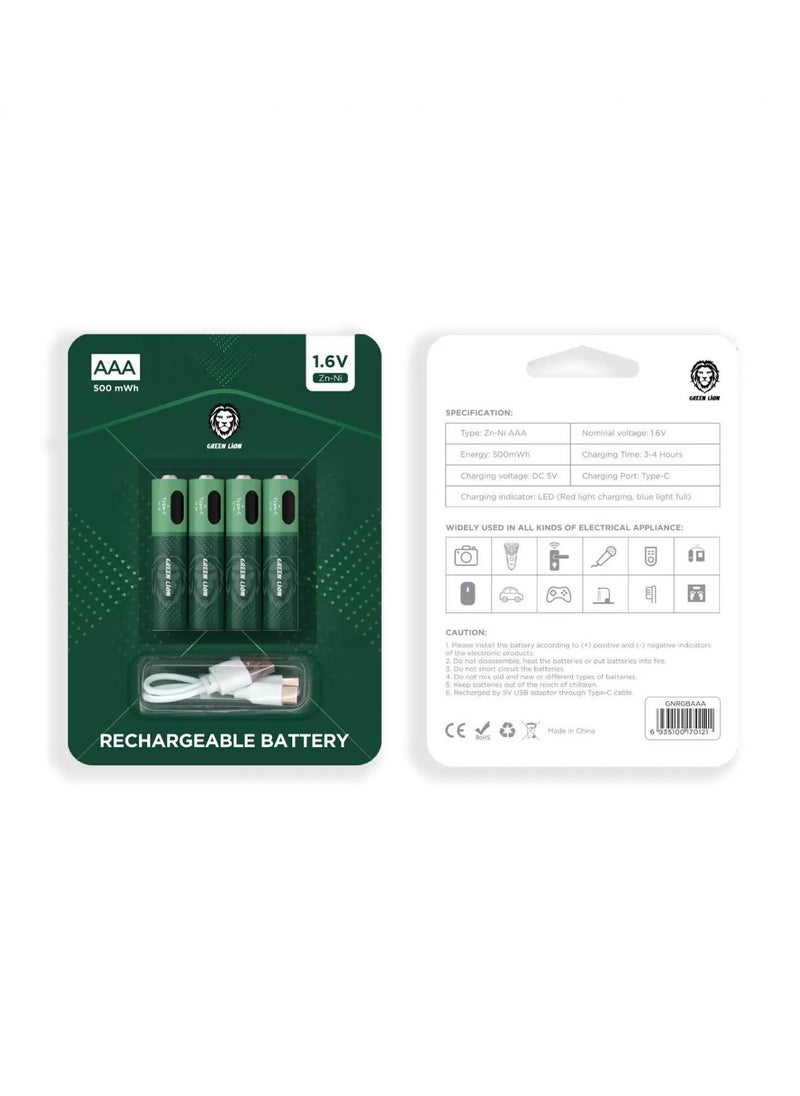 GREEN LION - Rechargeable Battery AAA / LED Charging Indicator /Type-C Charging Port / 500mWh Energy / Zn-Ni AAA Type / Accidental Leakage Protection - Green - Image 1
