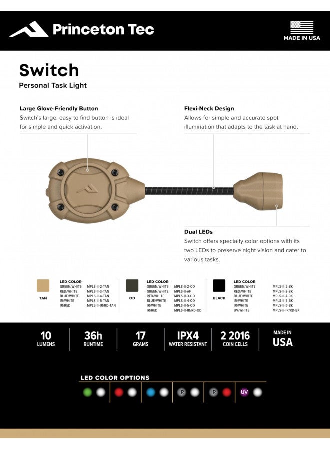 Princeton Tec Switch MPLS 10 Lumen Ultrabright Red/White LED Light, Universal Mounting System for Hardhats and Flexi-Neck Design, Essential for Law Enforcement, Military, and Trade Work, Olive Drab - Image 4