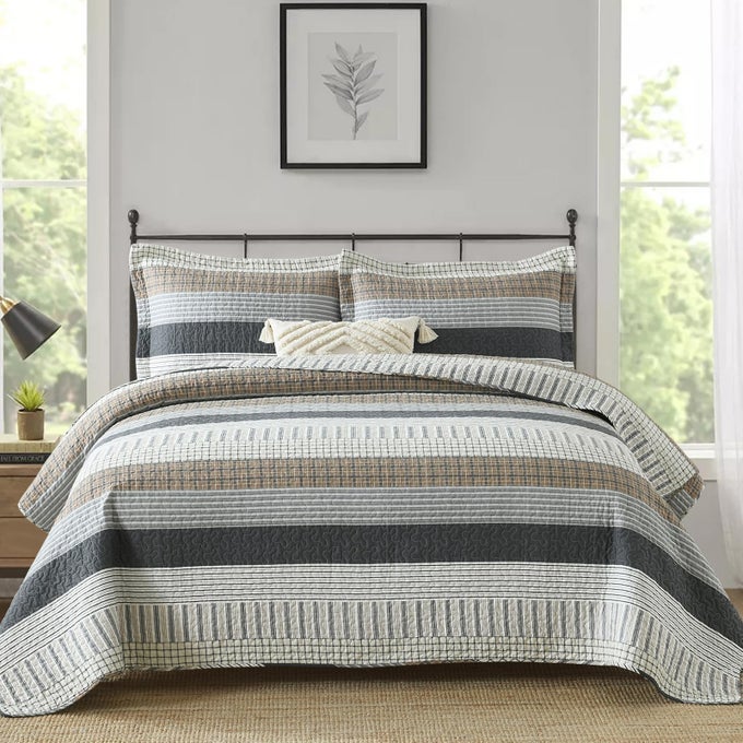 QUEEN SIZE QUILT SET 100 COTTON GREY STRIPED REVERSIBLE LIGHTWEIGHT SOFT QUILTED COMFORTER SET FOR ALL SEASON 3PIECE