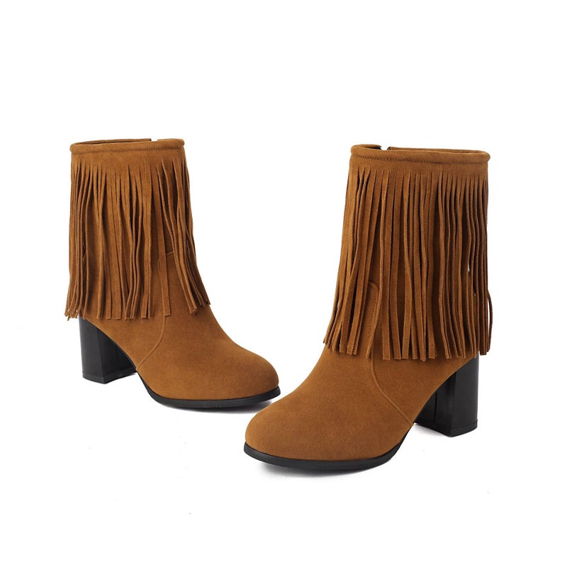 2024 Fashion High Heel Thick Heel Tassel Boots 40-48 Plus Size Suede Low Boots - Image 1